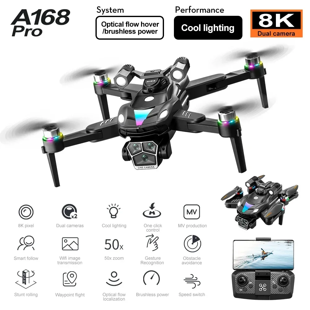 A168 8K Professional Drone 6K HD Dual Camera Drone Brushless Foldable Quadcopter Optical Flow Positioning Aerial Camera Drone