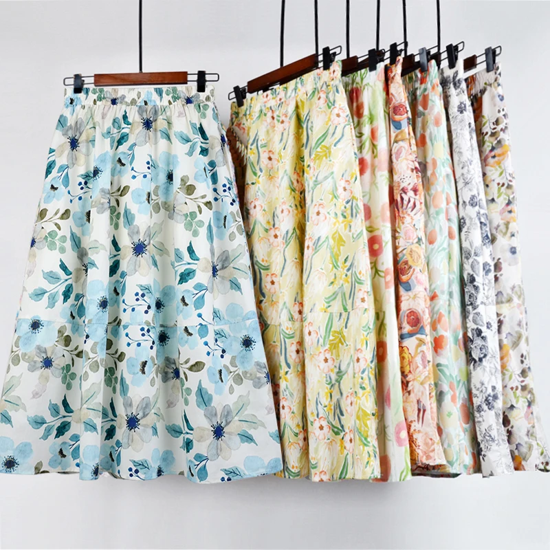 

Retro Korean Sle Floral Print f Skirt Elastic Waist ket A-Line Summer New Arrival Women's Midi Skirt Floral Pattern