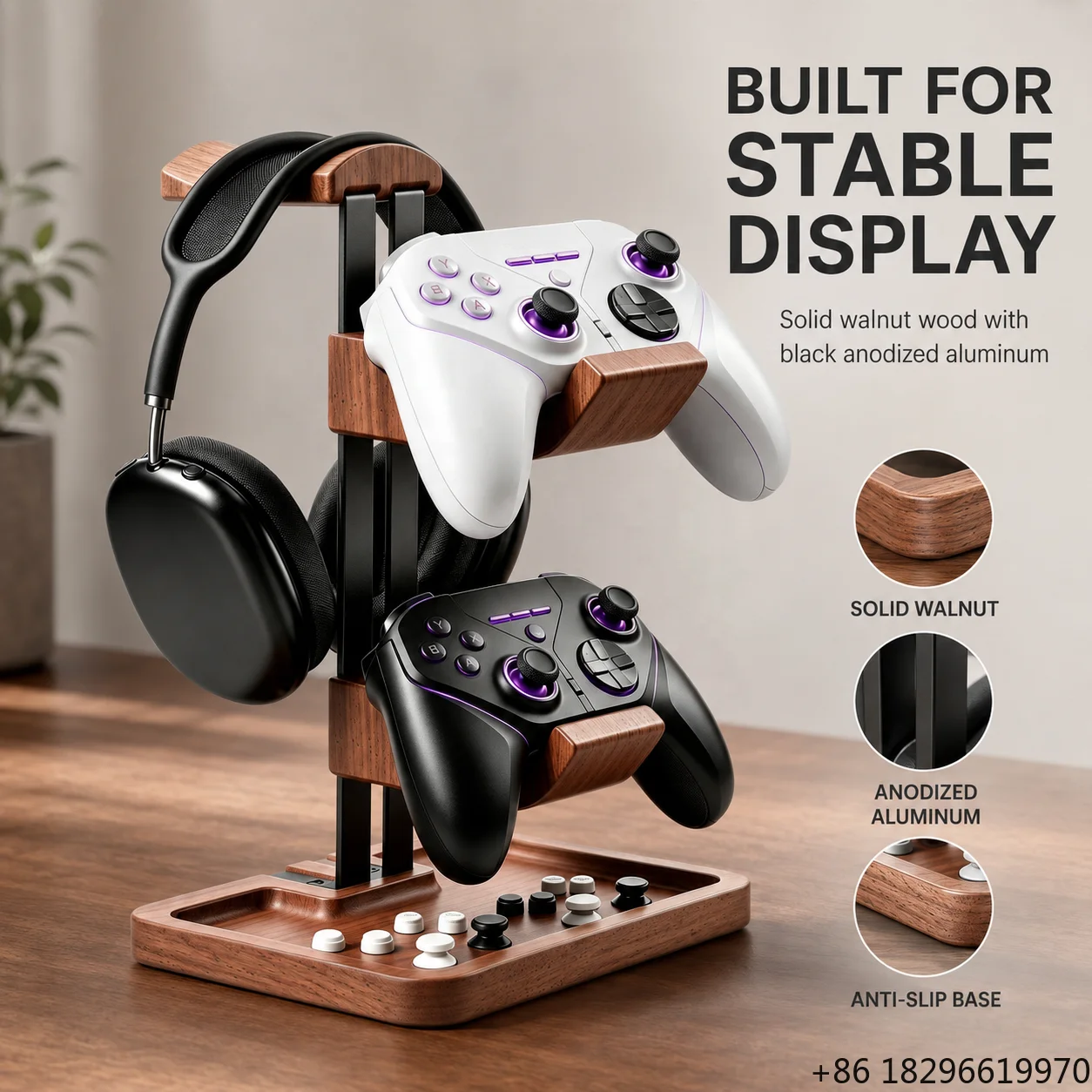 Three Tier Wooden Headphone Stand Gaming Headset Holder Desktop Organizer with Storage Tray Wholesale OEM ODM Factory Supply