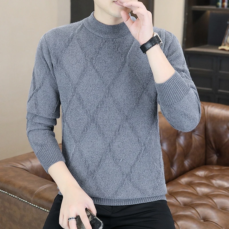 Autumn/Winter Argyle Jacquard Men's Sweaters Fashion Casual Crew Neck Knitted Pullover Sweater Streetwear Social Men Clothing