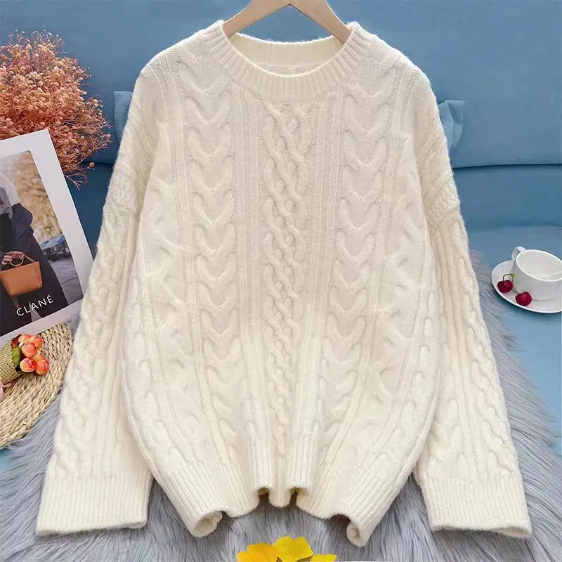 

Autumn Winter New Jumper Pullover Twist Trendy Street Wear O-neck Knitwear Loose Leisure Korean-style Retro Solid Sweater F337
