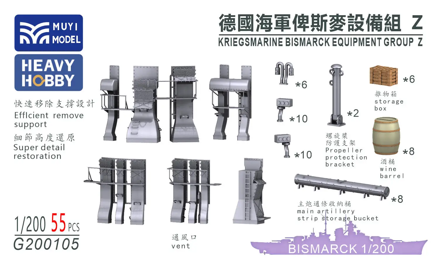 

MUYI MODEL G200105 1/200 KRIEGSMARINE BISMARCK EQUIPMENT GROUPZ