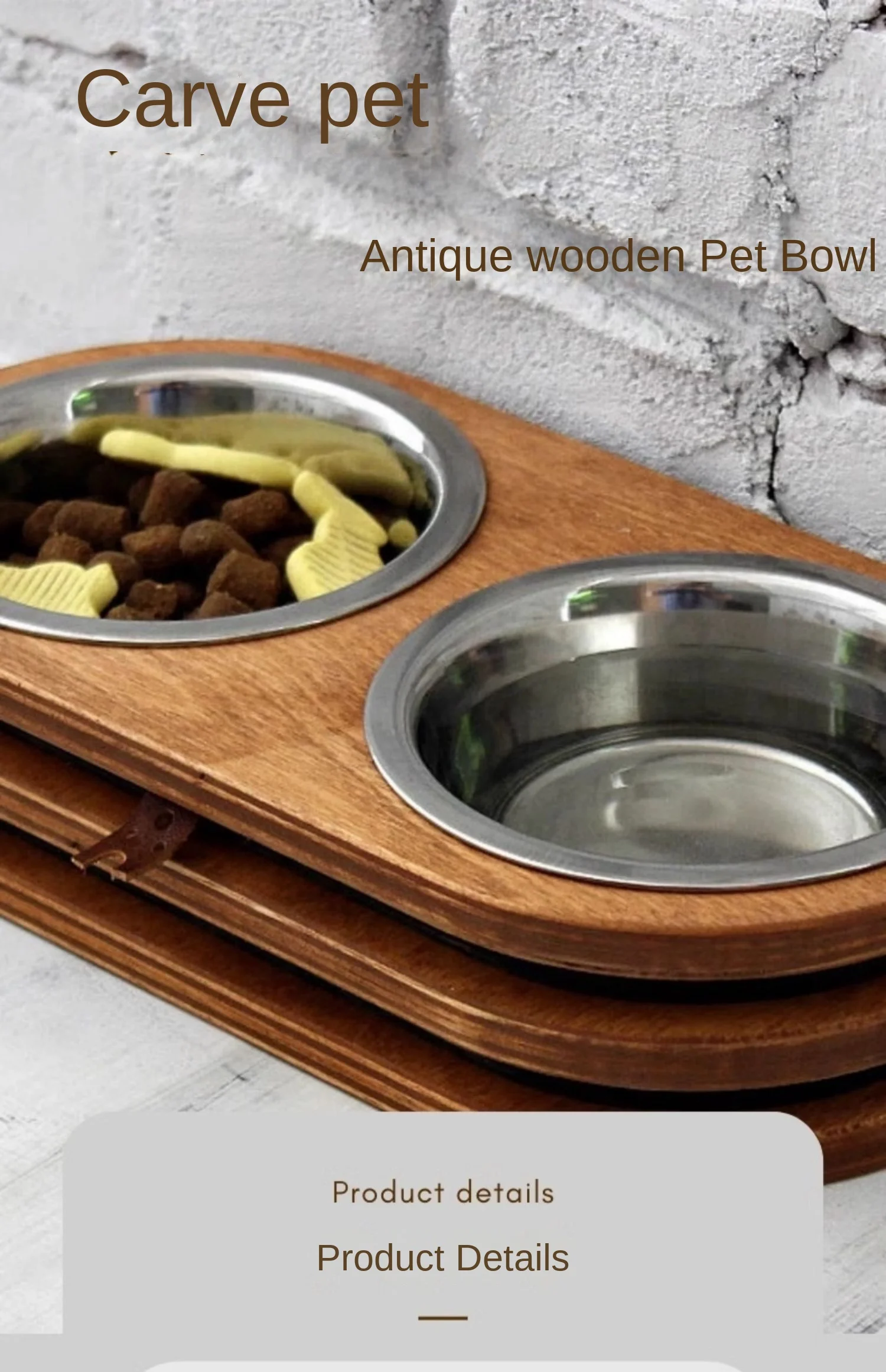 Wooden Cat And Dog Double Bowl Hit Not Overturned Neck Protection Black Chin Kitten Food Bowl Water Bowl Stainless Steel