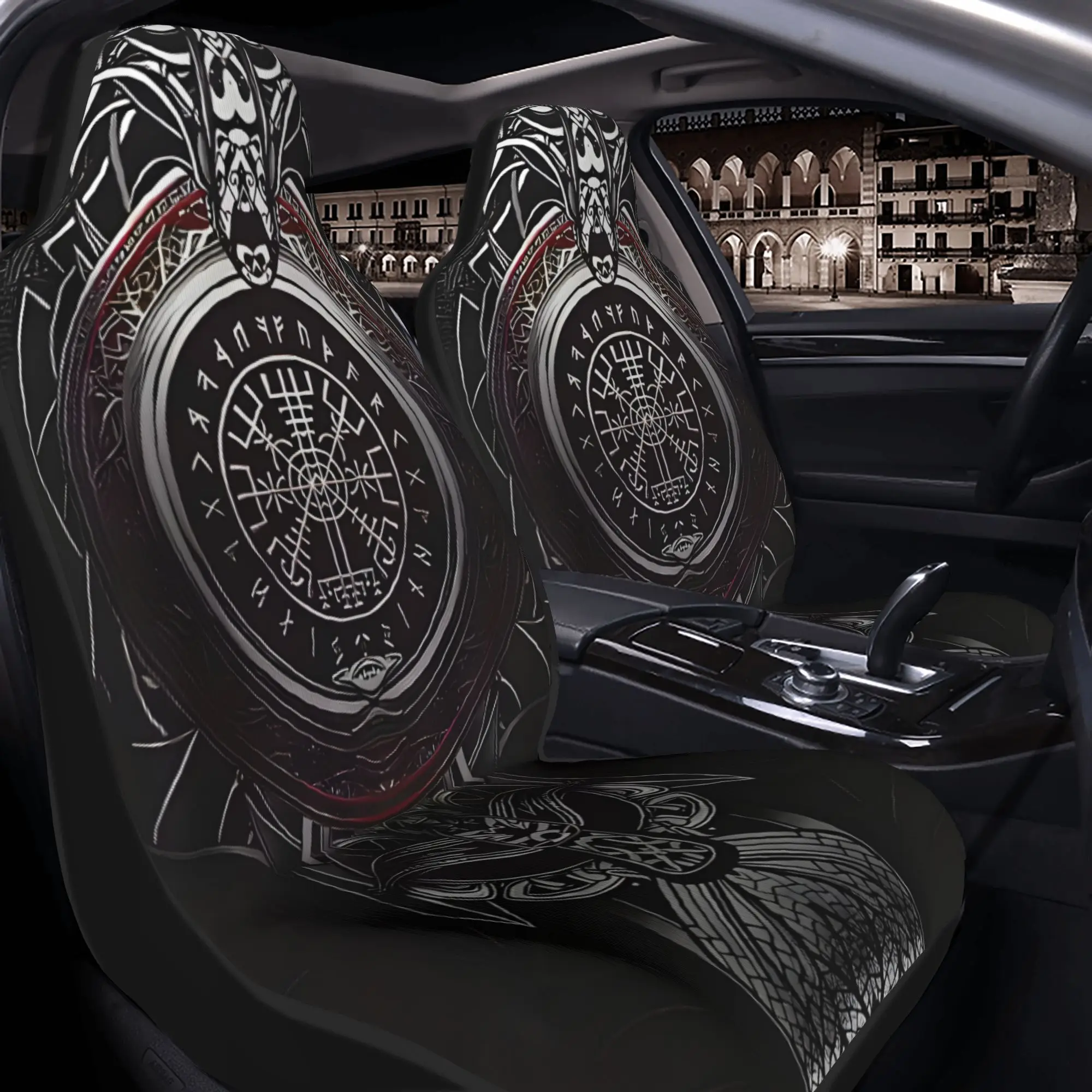 2 housses de siège de voiture à motif viking : casque de l'Étonnement et corbeau d'Odin dans un design nordique complexe, adaptées à tous les véhicules, Noël