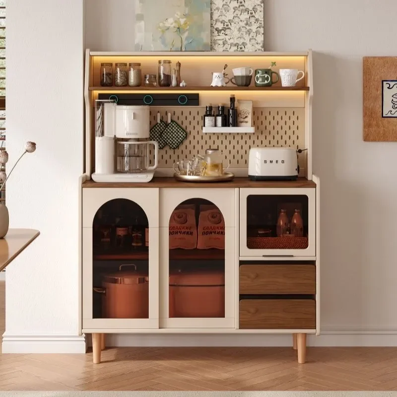 Wall Mounted Side Cabinet with Track Socket and LED Light High Storage Unit with Pegboard for Small Apartment Kitchen Tea