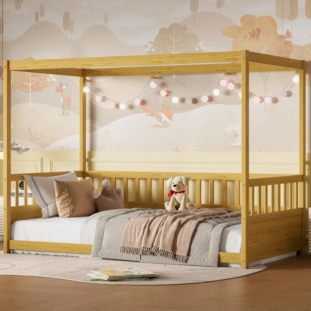 إطار سرير بمظلة مزدوج الحجم من Bellemave مع 4 ملصقات ودرابزين حماية، سرير أرضية مونتيسوري بحجم مزدوج مع سياج مرتفع، سهل التجميع #4