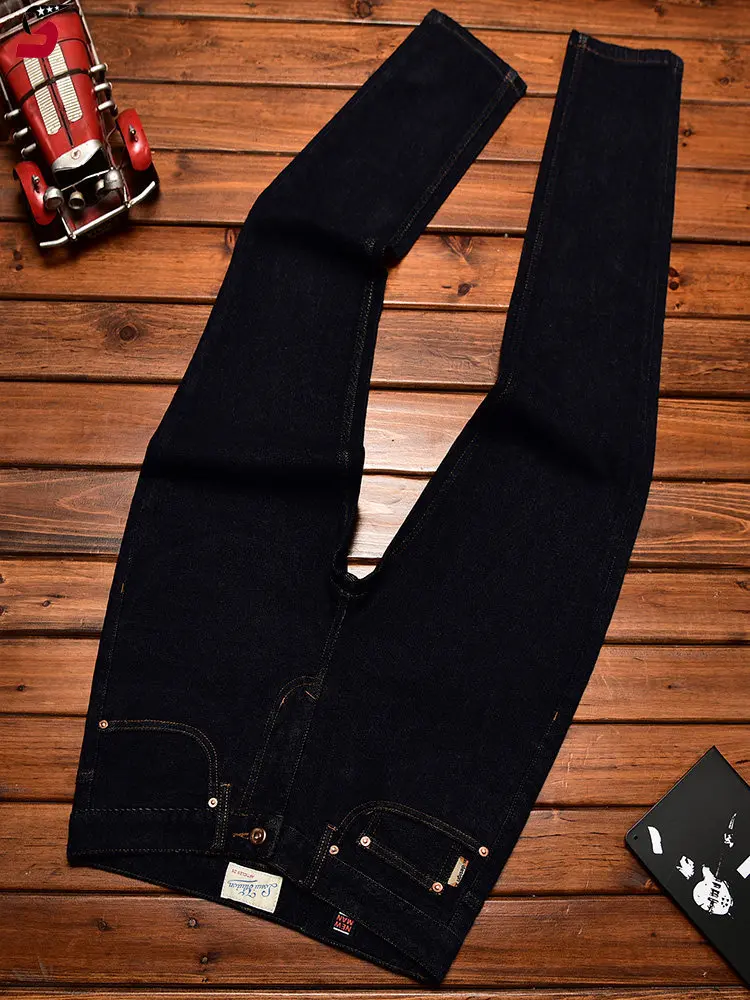 High end trendy Chinese style embroidered printed jeans men's fashion design slim fit small feet elastic denim pants