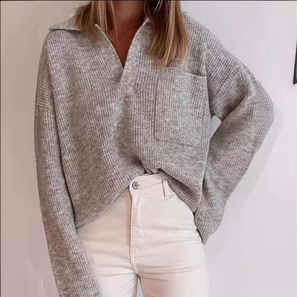 Nouveau Herbst Mode 2025 Pull Femme couleur unie poche tricot revers ample bureau banlieue Pull Pull maillots Mujer Talla Grande
