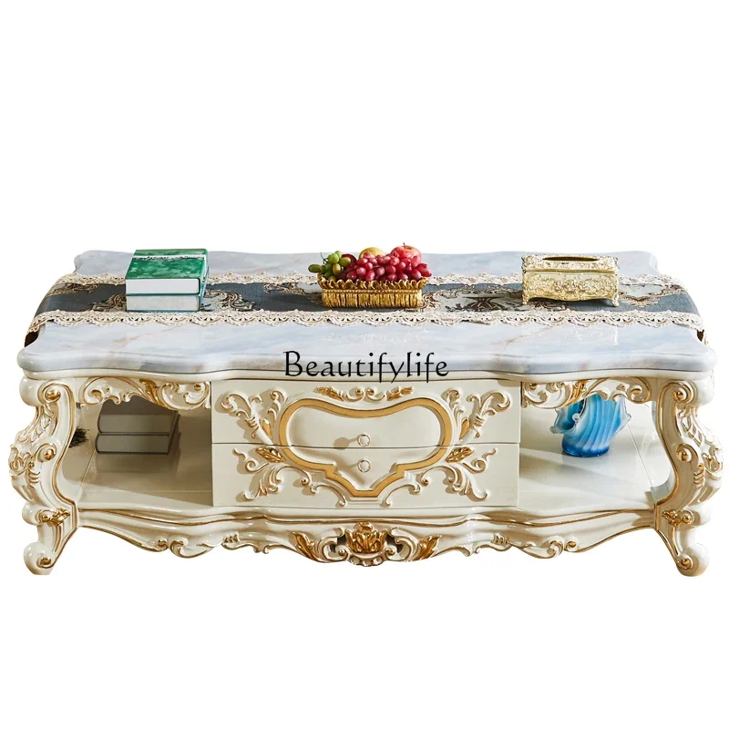 

yj9 American-style Villa Luxury Marble Coffee Table Vintage Living Room Tea Table Solid Wood