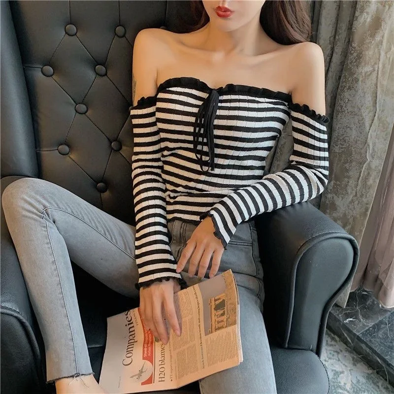 Chic Striped Pullovers Women Slash Neck Sexy Off Shoulder Basic Clothing Autumn Lace-up Crop Knitwear New Design Korean Ulzzang