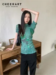 CHEERART Green Plaid Turtleneck Designer T Shirt For Women Summer Tops Patchwork High Neck Fashion Tees Aesthetic Clothes