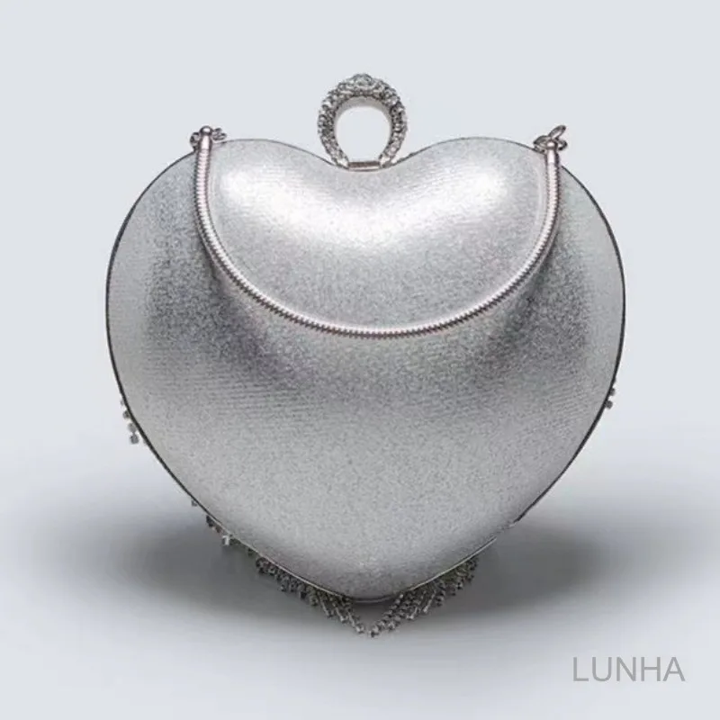 Pochette da donna Borsa da sera con nappa con strass Borsa da banchetto con diamanti a forma di cuore per abiti da festa