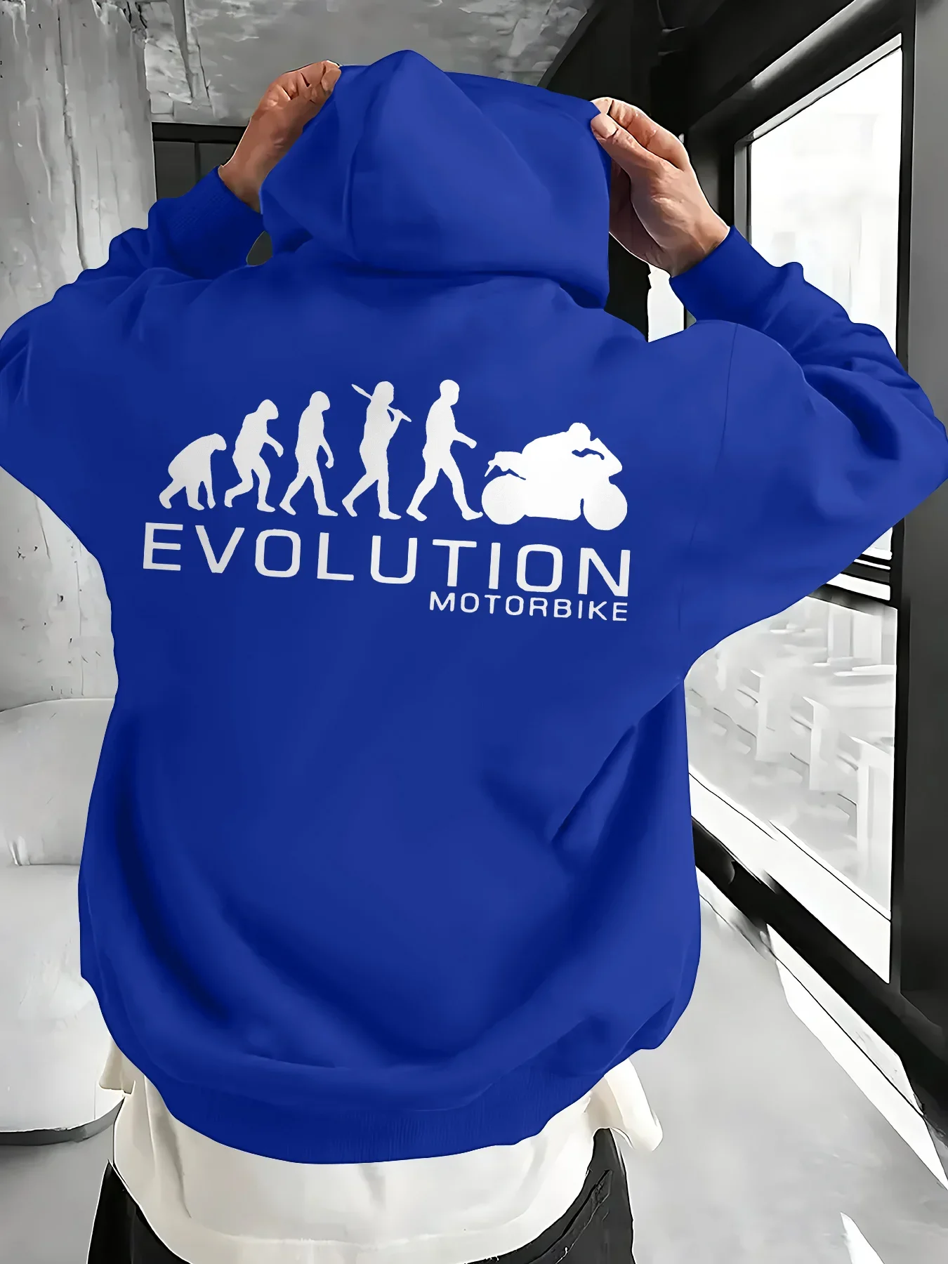 Men Vintage Biker Hoodie Human Evolution Motorbike Silhouette Text Print Soft Fleece Oversized Rider Street Sweatshirt