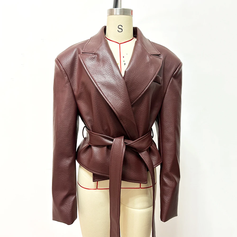 Motorcycle PU Leather Jacket Women 2026 Lace Up Turndown Collar Short Coat Jacket Full Sleeve Soft Leather Jacket New Outwear