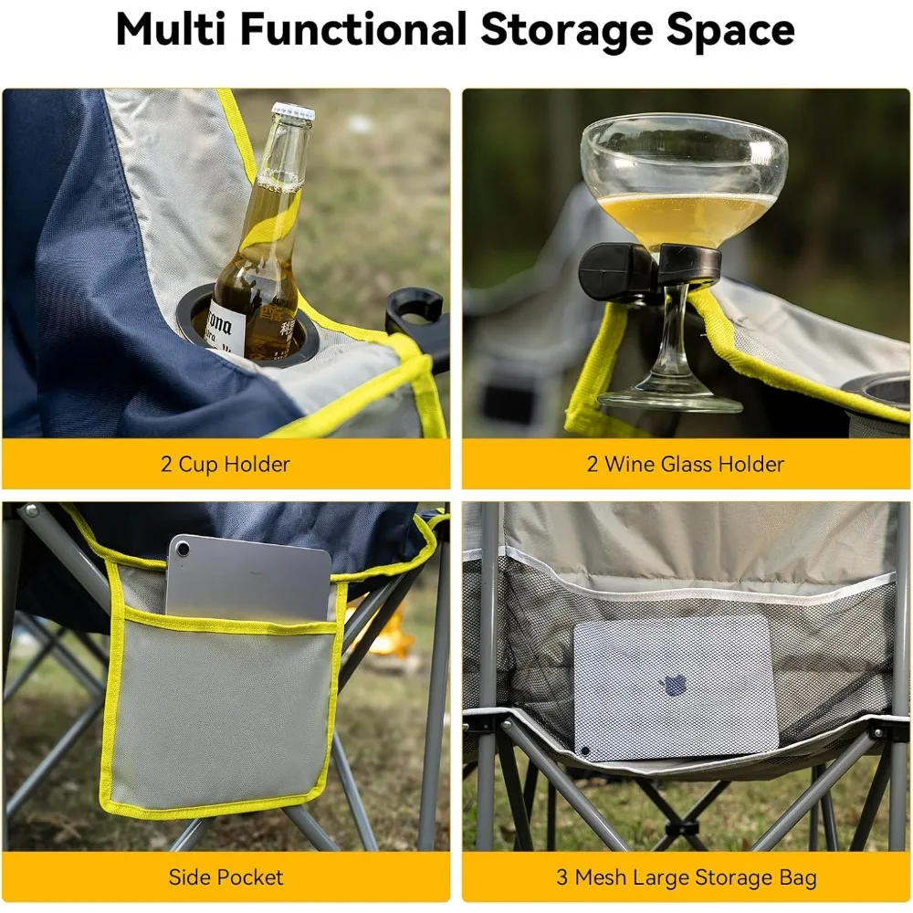 كرسي تخييم مزدوج - أريكة قابلة للطي للاستخدام الخارجي تتسع لـ 2-3 أشخاص مع حاملات أكواب وكأس للنبيذ - أريكة تخييم كبيرة الحجم بمقعدين للتخييم