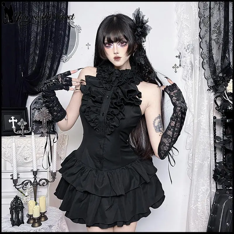

[You're My Secret] Gothic Black Dress Women Punk Style Halter neck Mini Dress Vintage Slim Fit Sleeveless Robe Summer Clothing