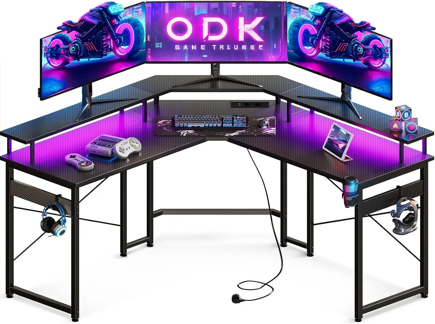 Gaming-Tisch 129 x 129 cm, Gaming-Schreibtisch mit LED, PC-Tisch Gaming mit 2 Steckdosen und 2