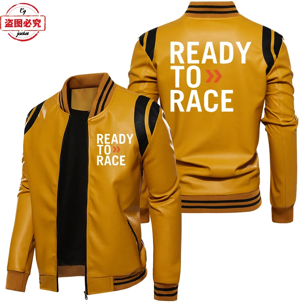 Ready To Race Printed Motocross Leather Jacket PU Leather Jacket Windproof Men's Autumn/Winter Fleece