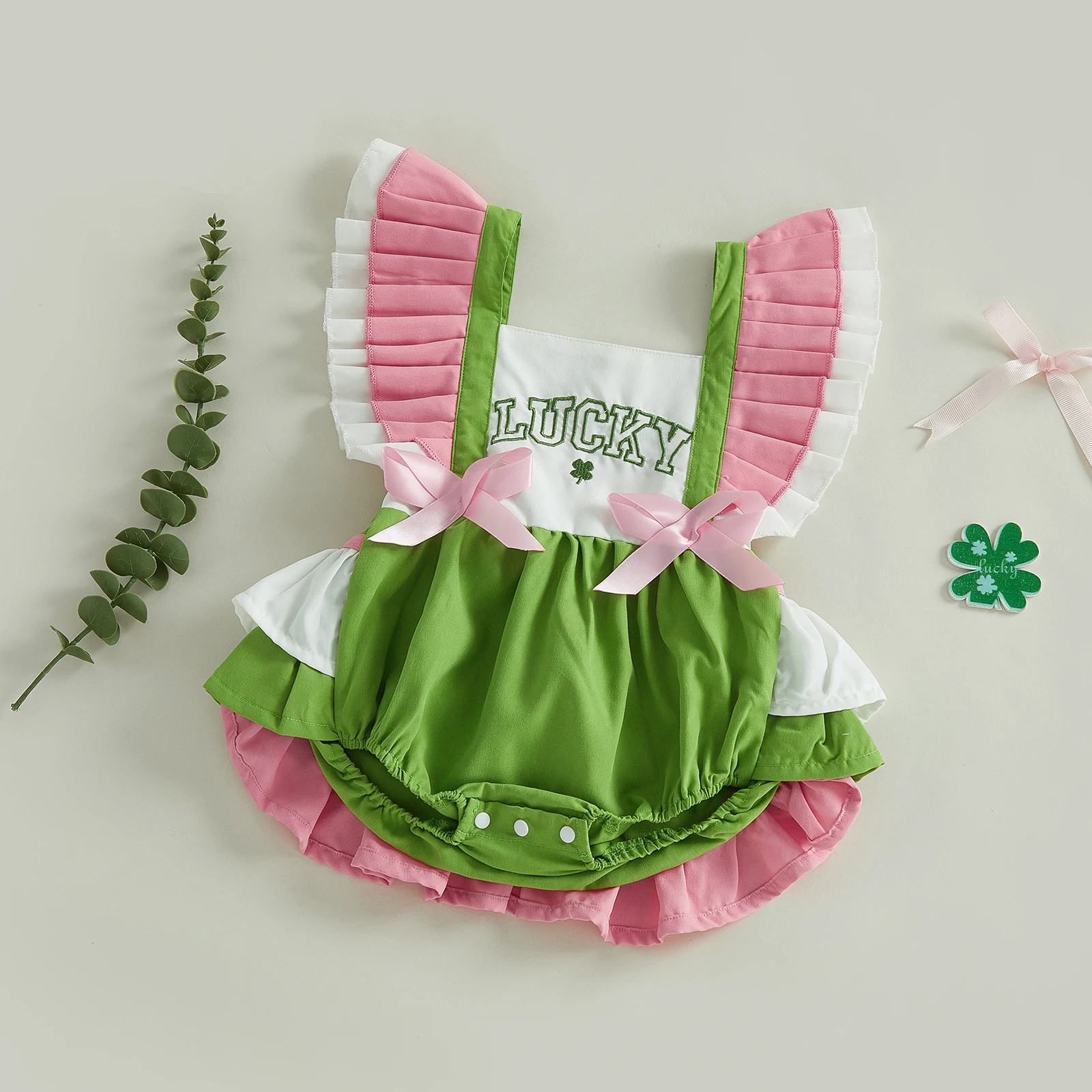 Baby Girls Spring Irish Romper Shamrock Letter Embroidery Flying Sleeve Square Neck Jumpsuit Sweet Baby Bodysuits