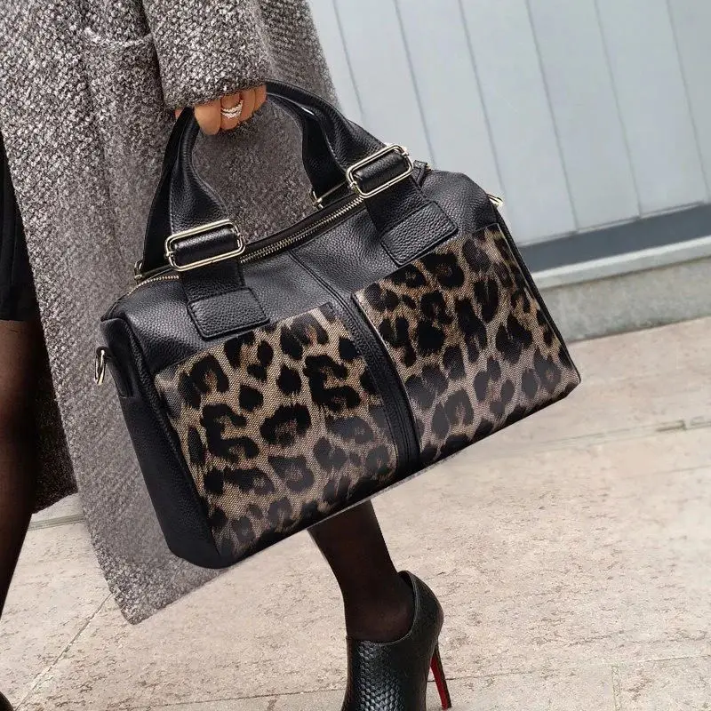 Casual Genuine Leather Handbag Woman Luxury Leopard Pattern Cow Leather Tote Bag Black Ladies Cowhide Shoulder or Crossbody Bags