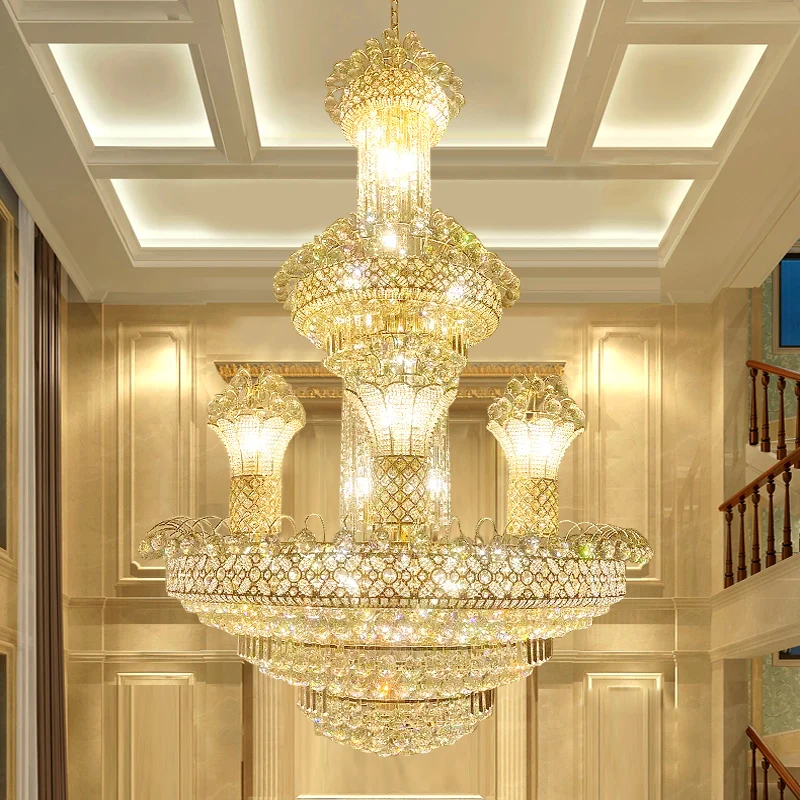 American Gold Crystal Chandeliers Lights Fixture LED Modern Golden Chandelier Lamps European Luxury Villa Loft Home Hall Lustre