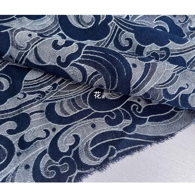 Denim Fabric Yarn Dyed Jacquard Deep Blue Retro Jacket Designer Arts Crafts Sewing Cloth Diy Per Meter Pure Cotton Material