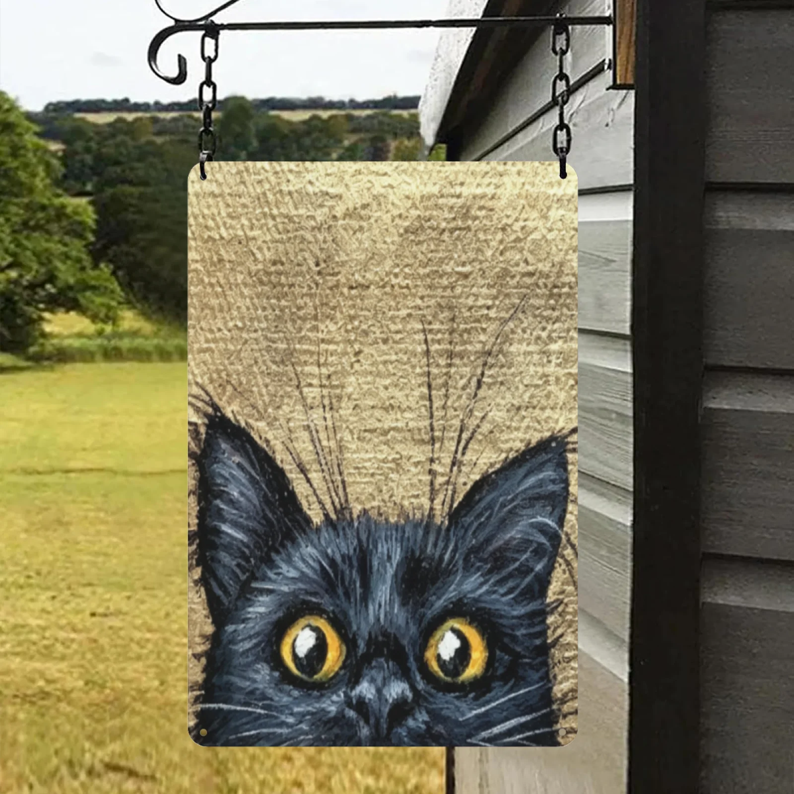 Funny Peeking Black Cat Metal Tin Sign Golden Background Curious Cat Wall Art Plaque Vintage Home Bedroom Bathroom Decor Gift for Cat Lovers