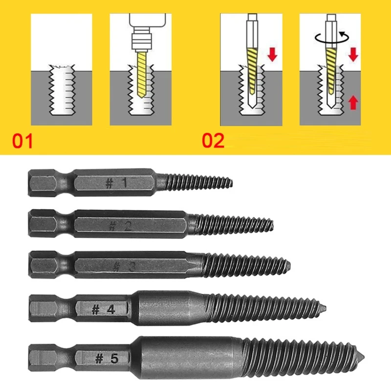 5Pcs Hexagonal Shank Spiral Flute Extractor Convenient Damaged Screw Extractor Set Easy Out Broken Extractor
