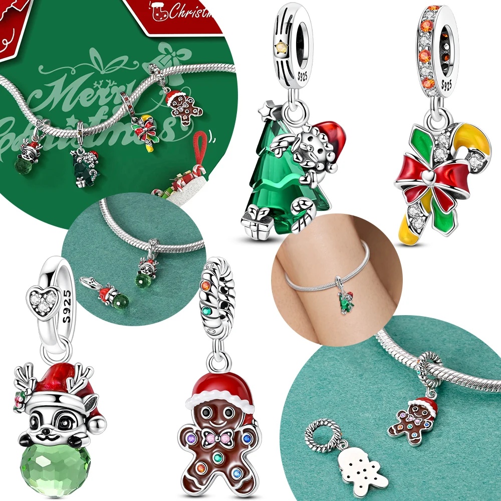 

Original Red Candy Cane Elk Christmas Tree Pendant 925 Sterling Silver Charm Bead Fit Bracelet Women Fine Gift Jewelry Accessory