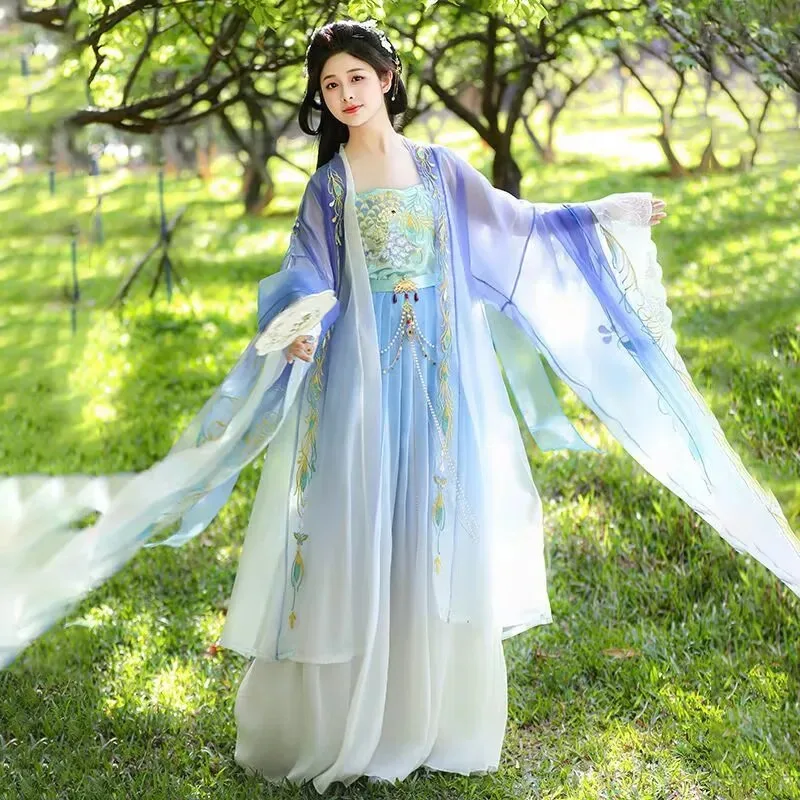 Vestido Hanfu de talla grande 6XL para mujer, trajes Hanfu Tang bordados chinos morados y azules, disfraz de Cosplay de Carnaval de Halloween para mujer 5X