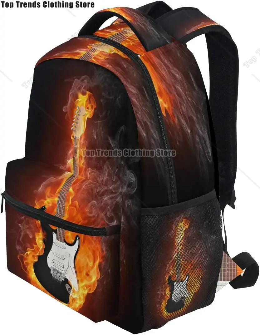 حقيبة ظهر للسفر مطبوعة على شكل جيتار كهربائي من Fire Flames لحقيبة الكتب المدرسية المقاومة للماء