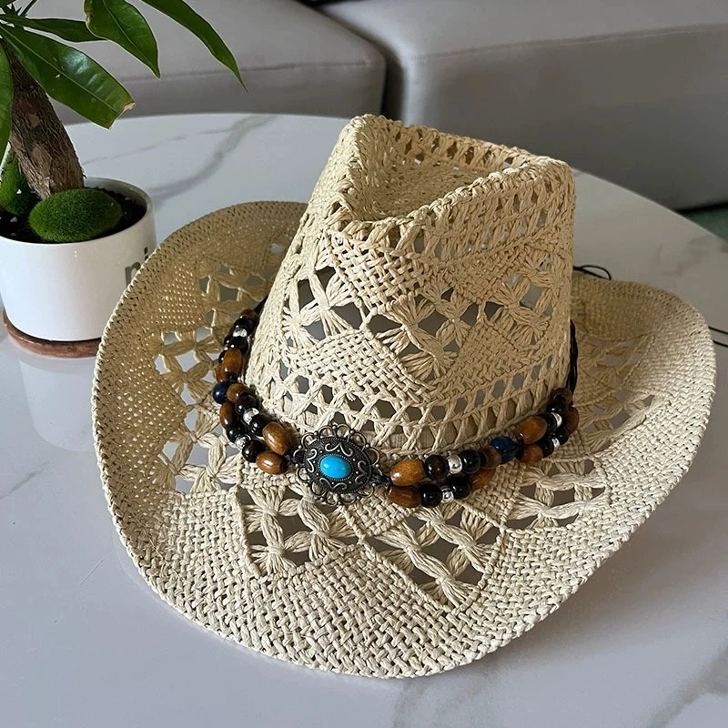 Vintage Sommer Strand Bohemian Strohhut mit Muscheln für Damen und Herren, Western Cowboyhüte mit Holzperlen, Ausgehöhlter Sonnenhut, Urlaubsmütze