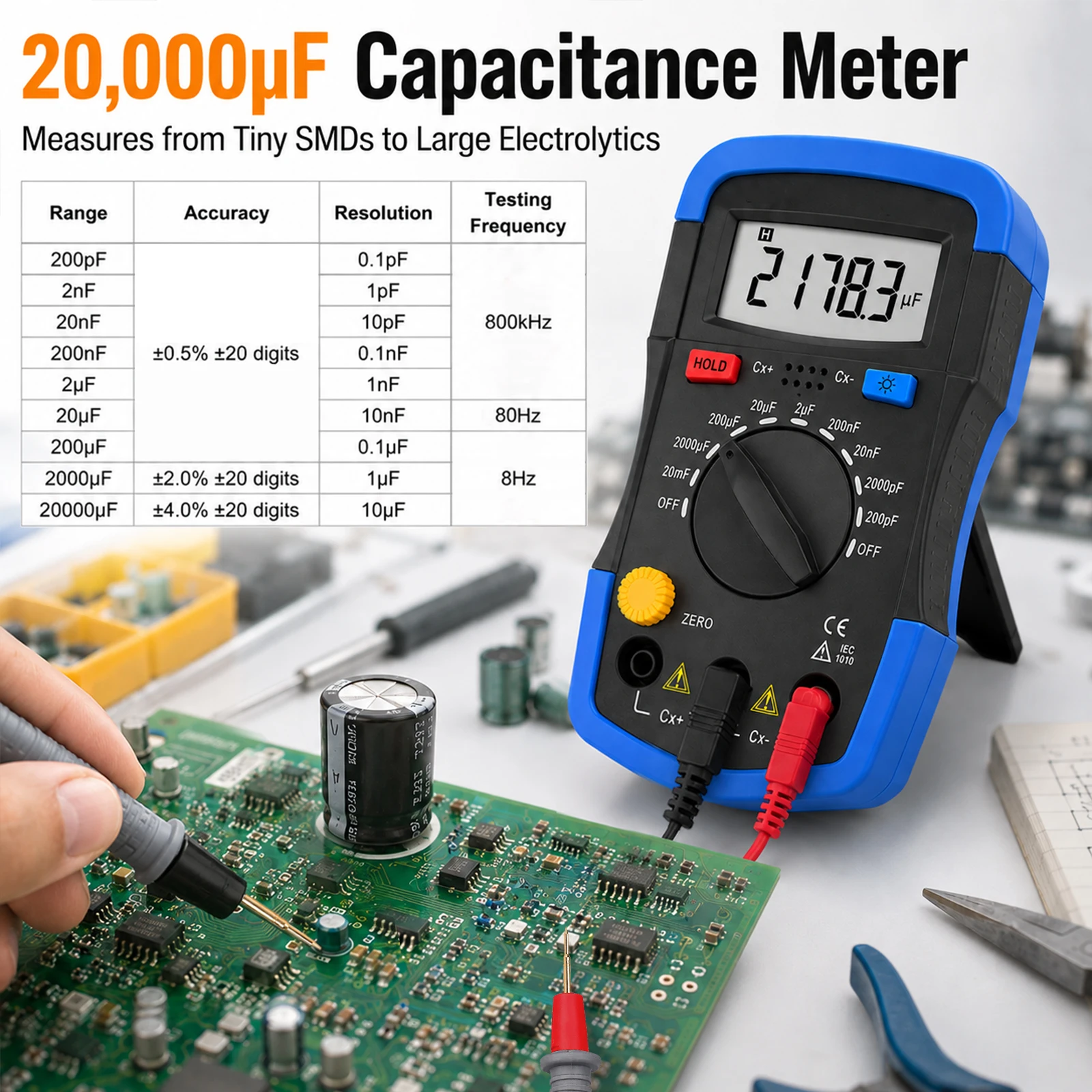 True RMS Digital Multimeter 4000 Counts Capacitance Frequency Temp Transistor Tester with Backlight for Electronic Repair