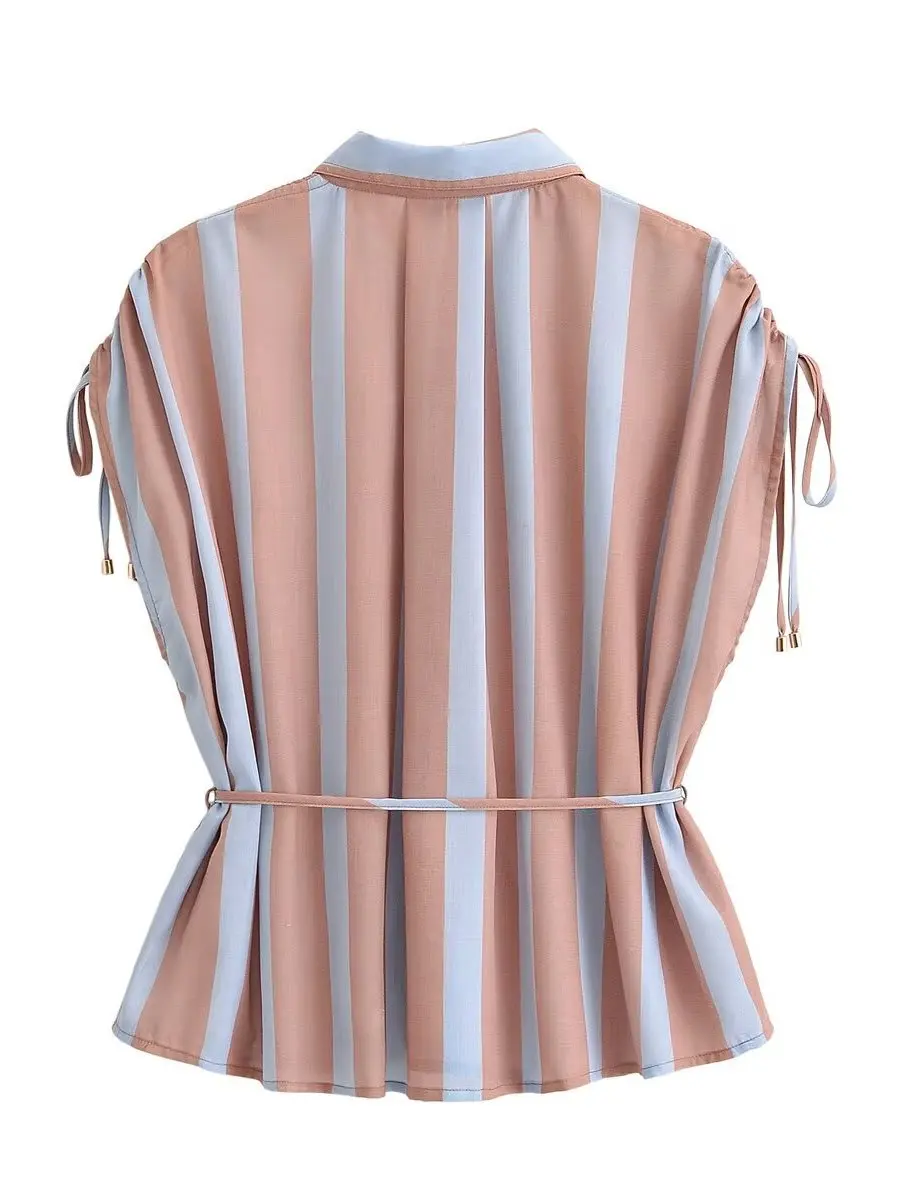 Women's Sleeveless Striped Shirt with Drawstring Waist Cinching Bowtie Stand Collar Breathable Polyester Casual Top