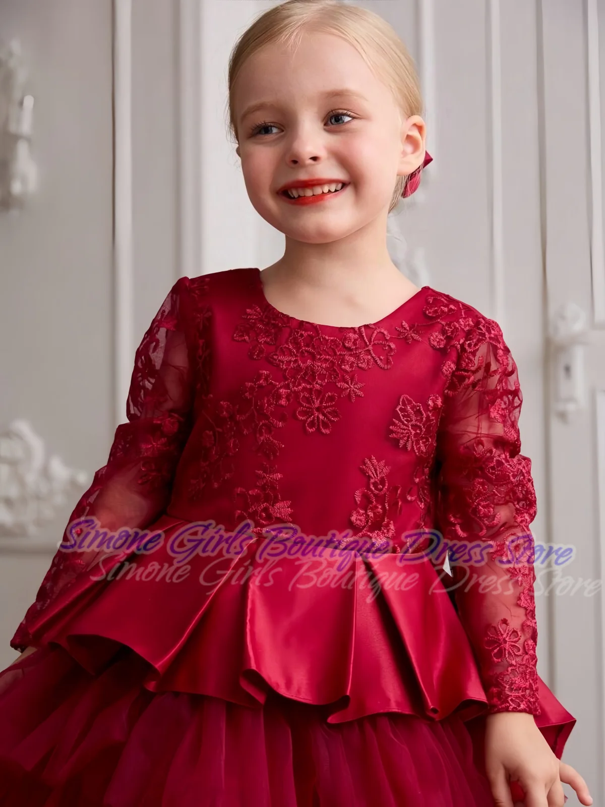 فساتين فتاة الزهور بأكمام طويلة وربطة عنق مطرزة بالدانتيل وأكمام طويلة للاستقبال الرسمي والاحتفالات والعطلات