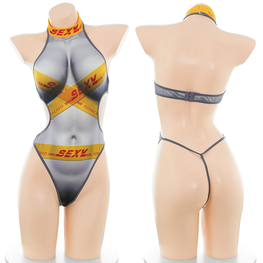 

Careers Temptation Cosplay Costume Express Yellow Tape Tie Up Bind Print Bodysuit Sexy Tight Jumpsuit Outfits Role Play Lingerie