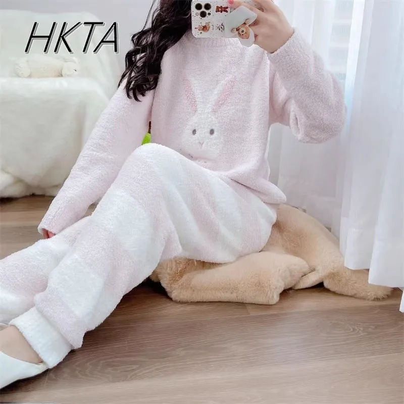 

Japanese Winter Soft Cute Cartoon Small Cat Pajamas Women Comfortable Warm Striped Loungewear Trousers Suit Sleepwear Women Sets