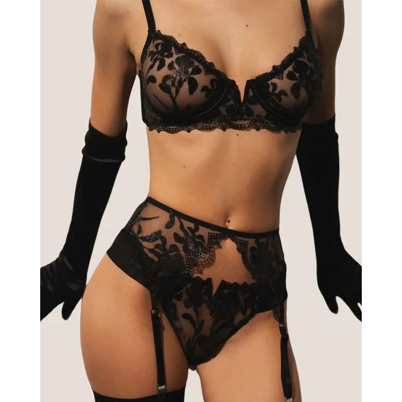 Seductive Lingeries Sexy Hot Premium Bra 3PC Set with Gloves&Stockings Glamorous See Through Intimate Embroidery Kit