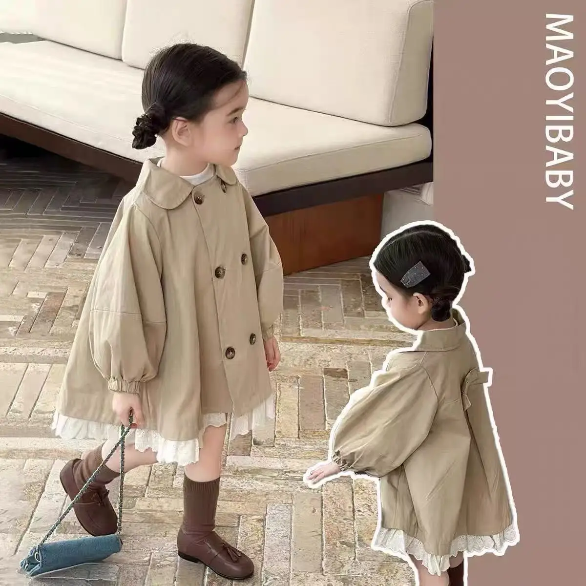 British Style Double Breasted Ruffle Mid Long Trench Coat Fashion Windbreaker Jacket for Baby Girls Spring Fall New Arrival