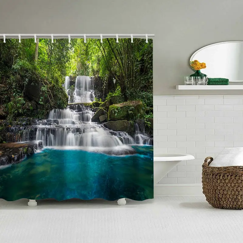 Beautiful Waterfall Bathing Curtain  Bathroom Shower Curtain Waterproof With 12 Hooks Home Deco Free Ship