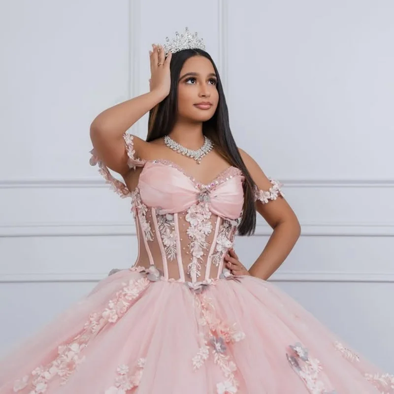 

Pink Quinceanera Dress crystal Decal Long tail glitter 3D flower decal Vestidos De 15 Quinceanera ﻿Customize