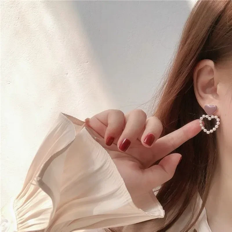 XINYI Wine Red Retro Style Earrings For Women No Pierced Female Temperament High Sense Pearl Earring Fashion Jewelry Enamel