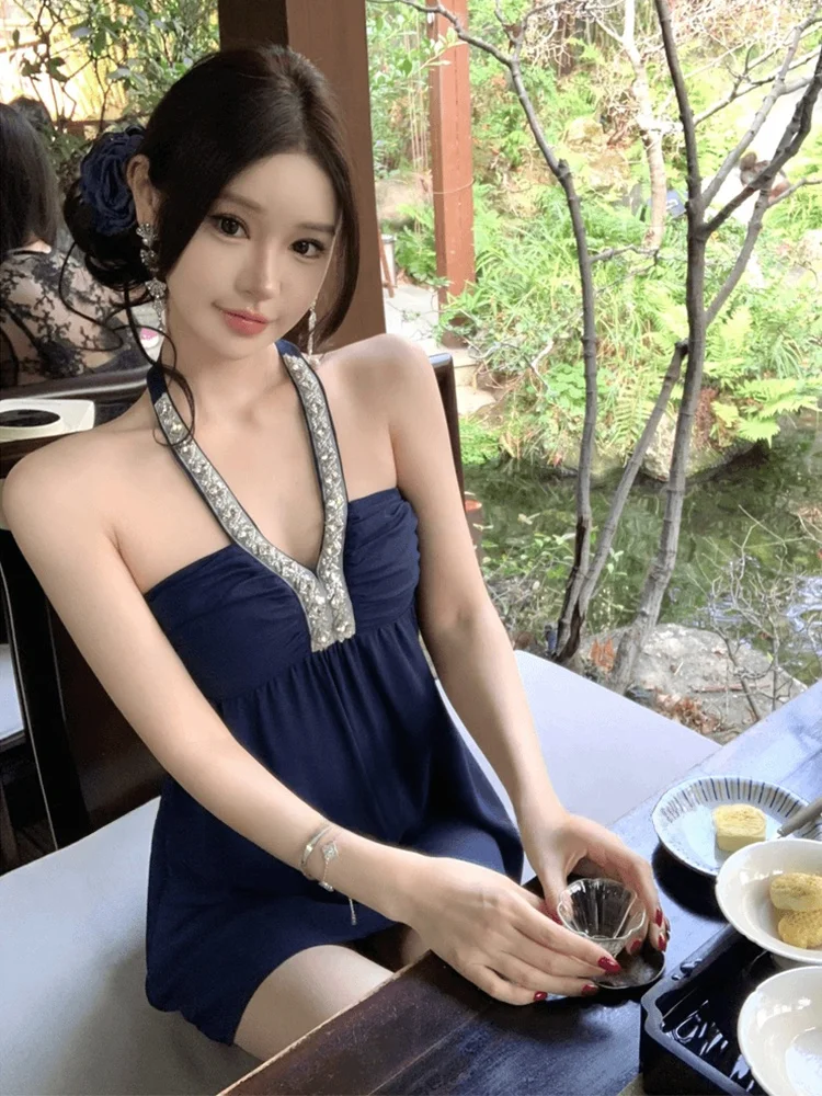 

Syj Comfortable Home Diamond Embellished V-Neck Hanging Neck Dress Women's Slimming High Waist Dress Casual Summer Dress