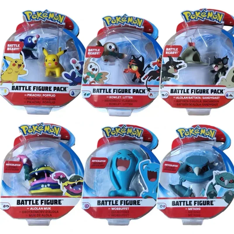 Original Kawaii Pokemon Battle Action Figure Pack Pikachu Popplio Rowlet Litten Wobbuffet Metang Figurine Anime Toys