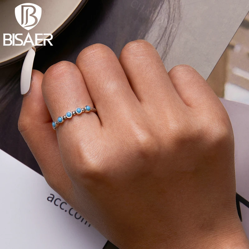 BISAER 925 Sterling Silver Rings Turquoise Twist Open Promise Rings Finger Size 5-9 For Women Wedding Party Fine Jewelry ECR823