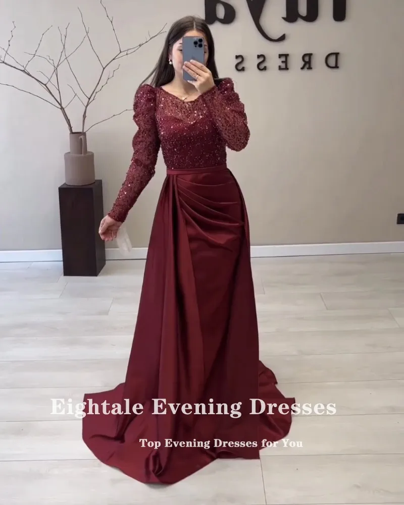 Eightale Luxe Avondjurken Met Afneembare Rok Bordeauxrode Lange Mouwen Satijnen Zeemeermin Feest Prom Gown Vestidos De Noche