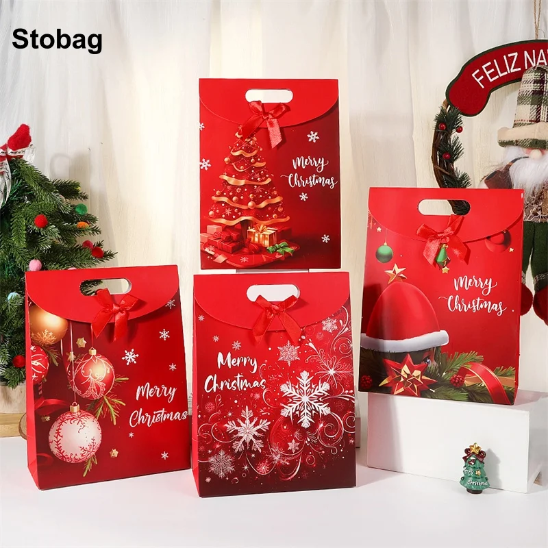 

StoBag 12pcs Merry Christmas Flipped Bow Kraft Paper Gift Box Tote Kids Children Packaging for Candy Sweets Storage Party Favor