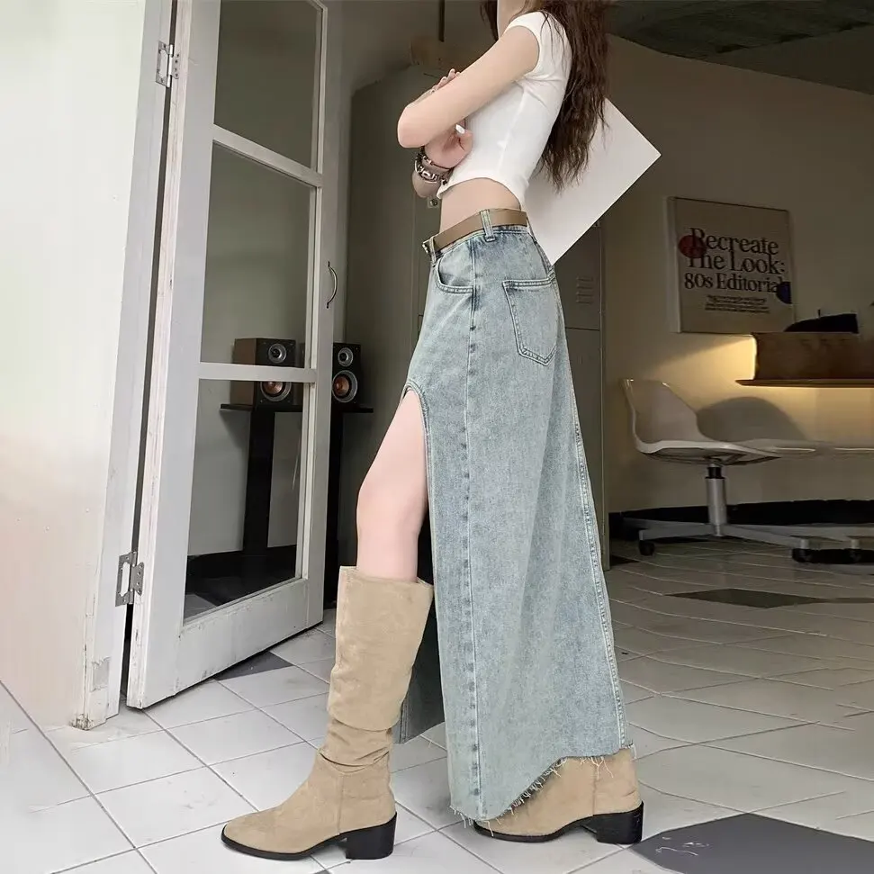 Jupe en jean irrégulière déchirée d'été pour femmes, nouvelle jupe mi-longue fendue rétro, taille haute, grande taille, vêtements féminins, Style de rue