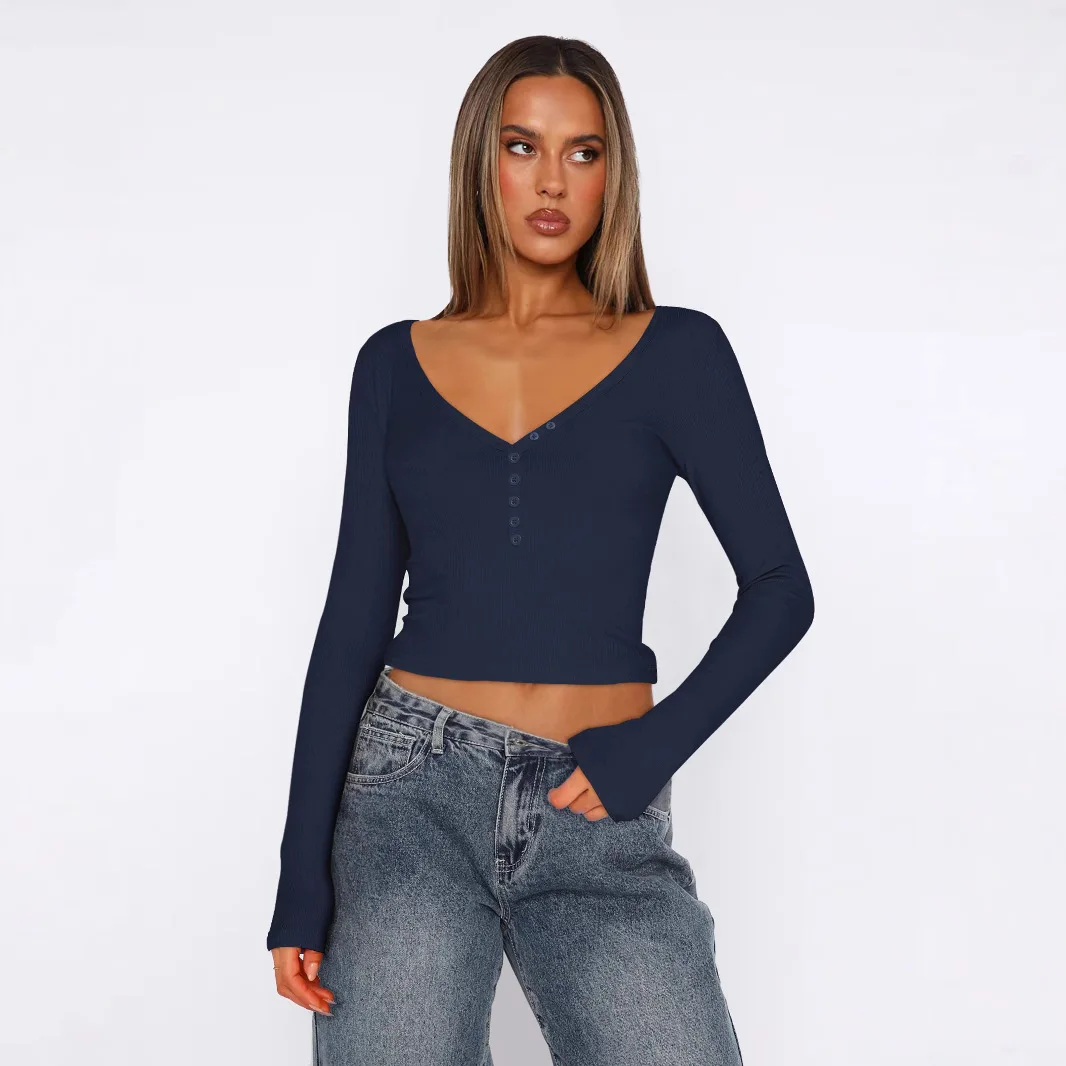 Faionable com nervuras longo sve colheita topo v-ne camiseta interior wear ort sle umbigo exposição outono inverno feminino topo