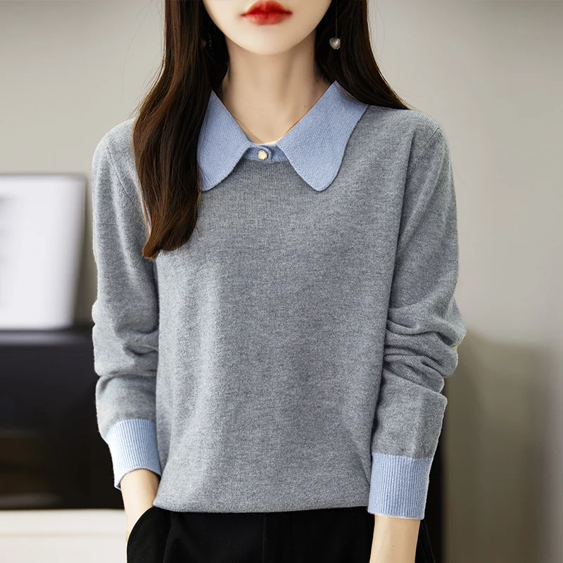 Women 100% Merino Wool Knit Pullovers 2022 Autumn Winter POLO Collar Sweater Female Loose Warm Soft Shirt Long Sleeve Jumper